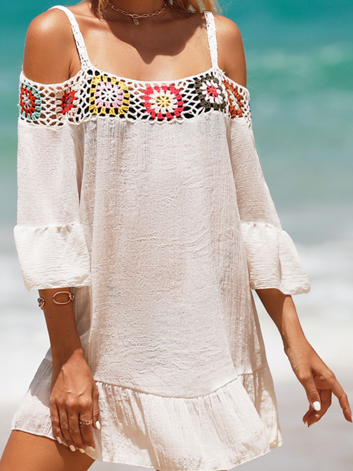 Crochet Cold Shoulder Three-Quarter Sleeve Cover Up Crochet Cold Shoulder Three-Quarter Sleeve Cover Up